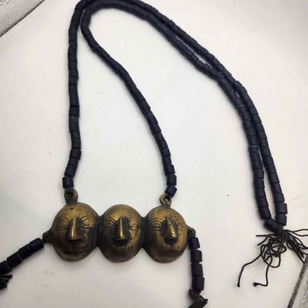Vintage Naga-Style Tribal Necklace Brass Headhunter Pendant Cobalt Blue Glass Be